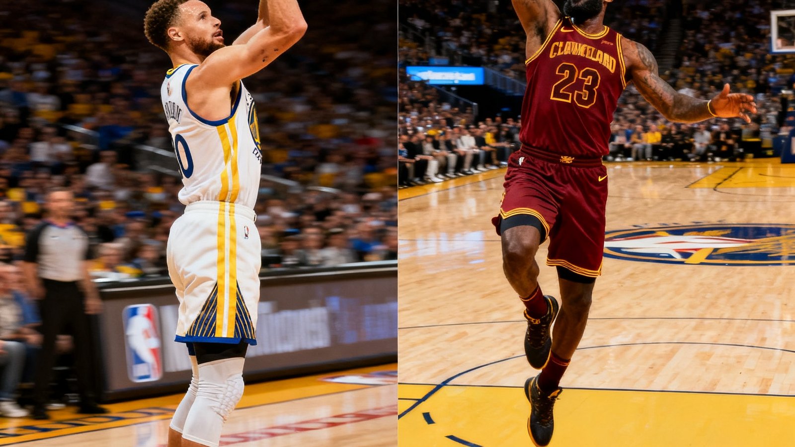 NBA湖人勇士经典对决，库里三分与詹姆斯暴扣剪辑画面